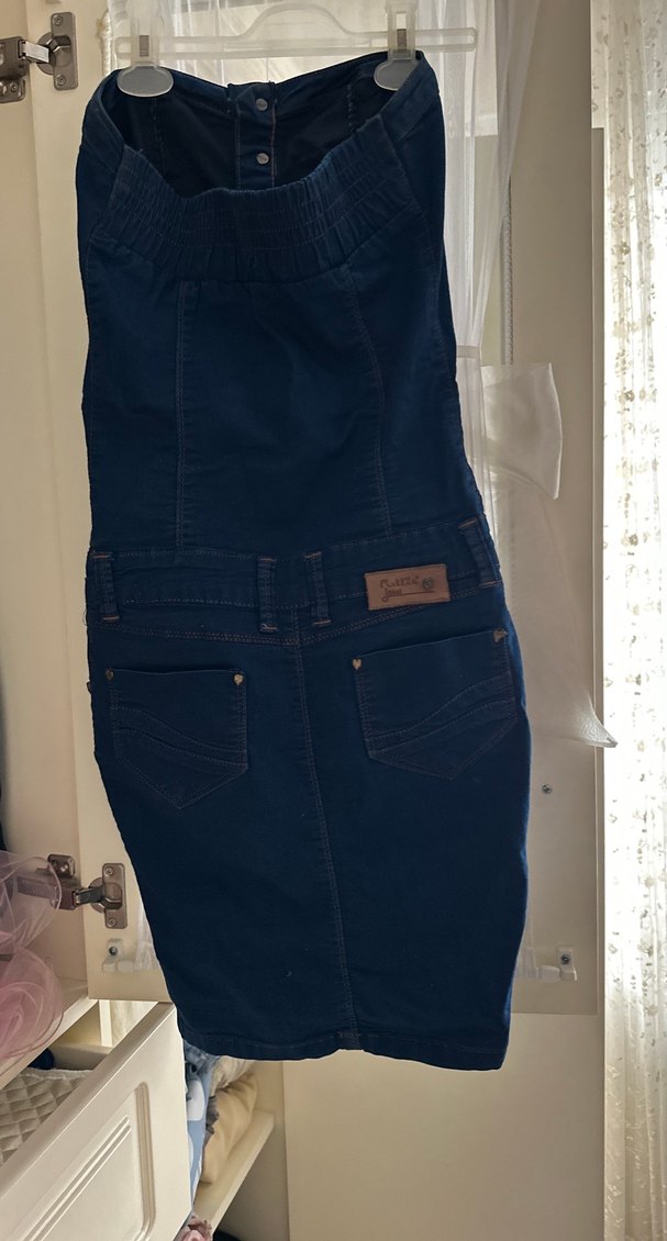 Düğmeli Mavi mini strablez elbıse s beden - Görsel 4