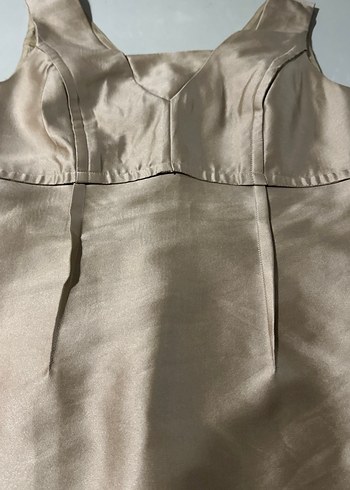 V Yaka Bej Midi Kokteyl Elbisesi - Görsel 3