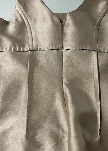 V Yaka Bej Midi Kokteyl Elbisesi - Görsel 4