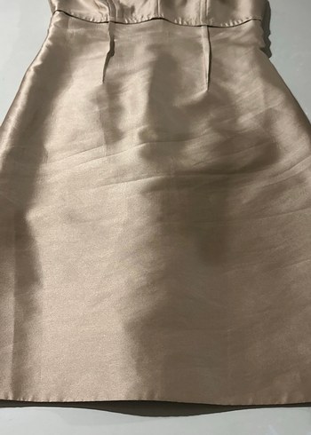 V Yaka Bej Midi Kokteyl Elbisesi - Görsel 2