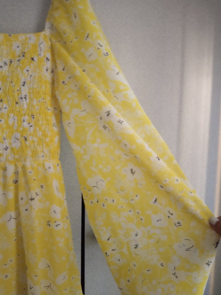 Sarı Bohem Midi Elbise, Uzun Kollu, Volanlı - Görsel 2