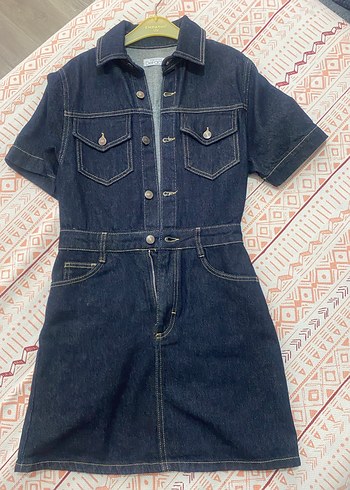 Düğmeli Kısa Kollu Lacivert Denim elbise - Görsel 2