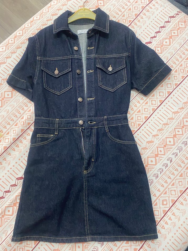 Düğmeli Kısa Kollu Lacivert Denim elbise - Görsel 2