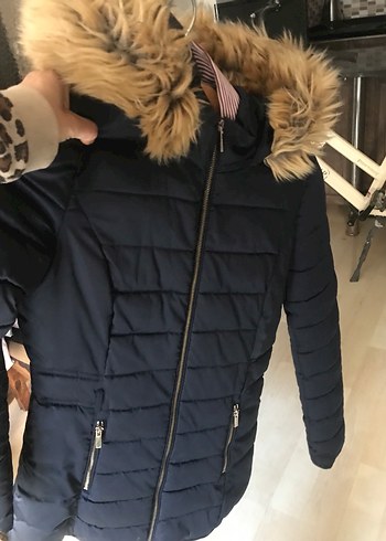 Kürklü Kapüşonlu Lacivert Kadın Kışlık Mont - Görsel 2