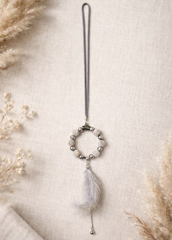 Gri Boncuklu Tüy Detaylı Bohem Kolye - Görsel 2