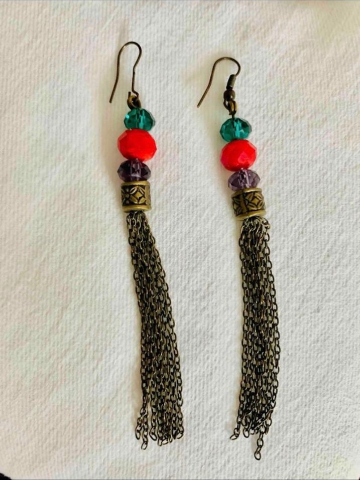 Renkli Boncuklu Püsküllü Bohem Küpe - Görsel 2