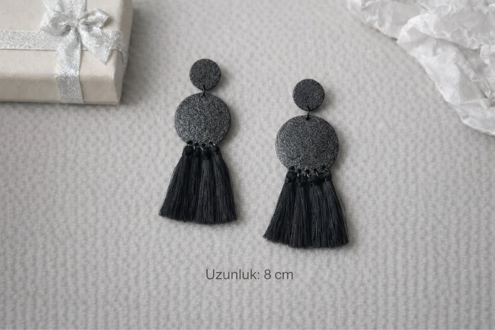 Püsküllü Siyah Bohem Küpe - Görsel 2