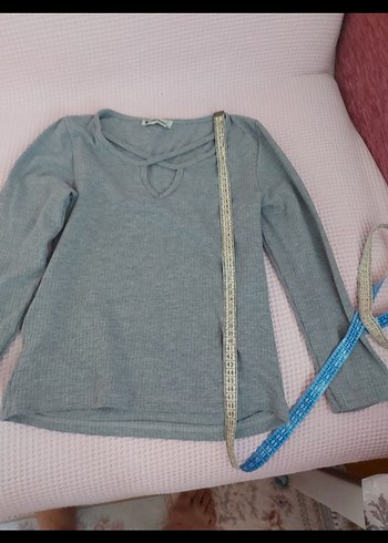 Gri V-Yaka Kısa Kollu Kadın Triko Bluz - Görsel 2