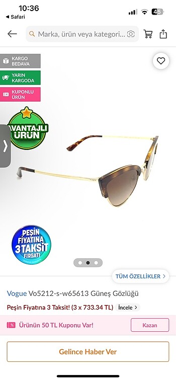 Vogue Vogue cat eye güneş gözlüğü