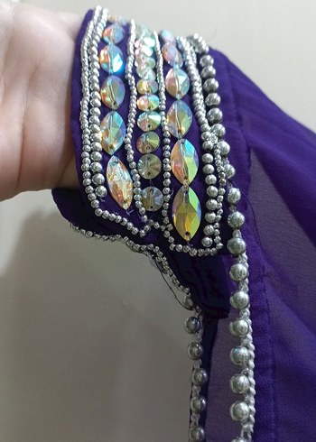 Boncuk İşlemeli Uzun Mor Kadın abaya abiye - Görsel 8