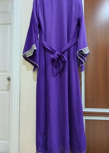 Boncuk İşlemeli Uzun Mor Kadın abaya abiye - Görsel 6