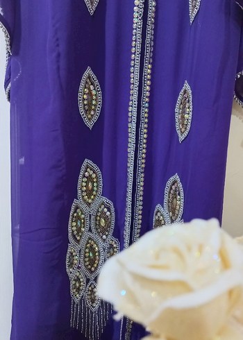 Boncuk İşlemeli Uzun Mor Kadın abaya abiye - Görsel 3