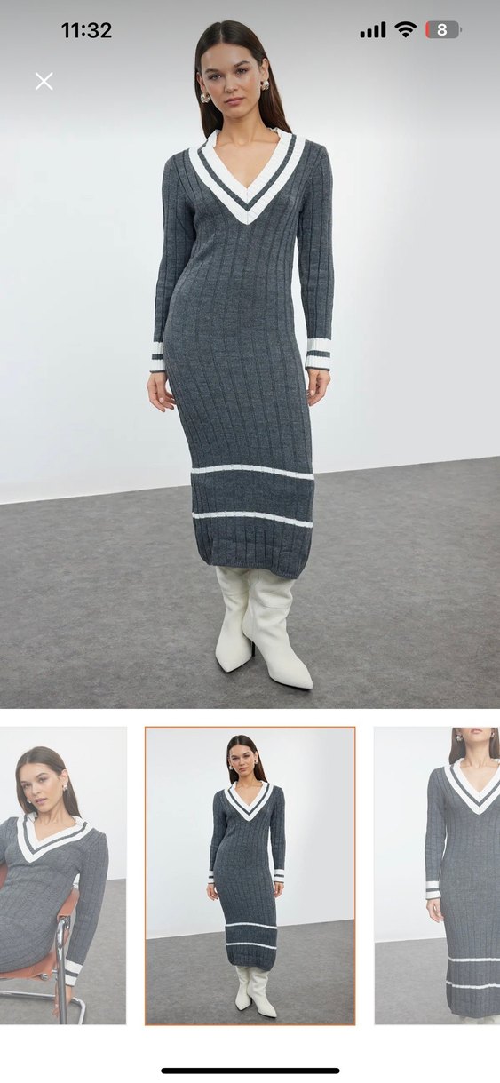 V Yaka Gri Uzun Triko Elbise - Görsel 2