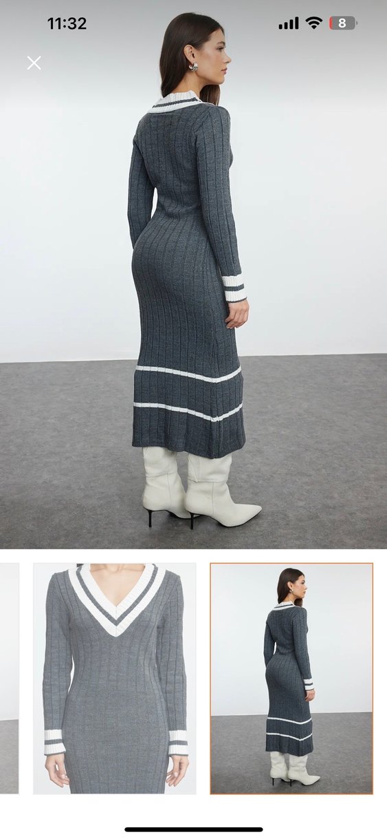 V Yaka Gri Uzun Triko Elbise - Görsel 3