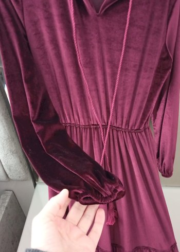 Bordo kadife Piliseli Uzun Elbise - Görsel 3