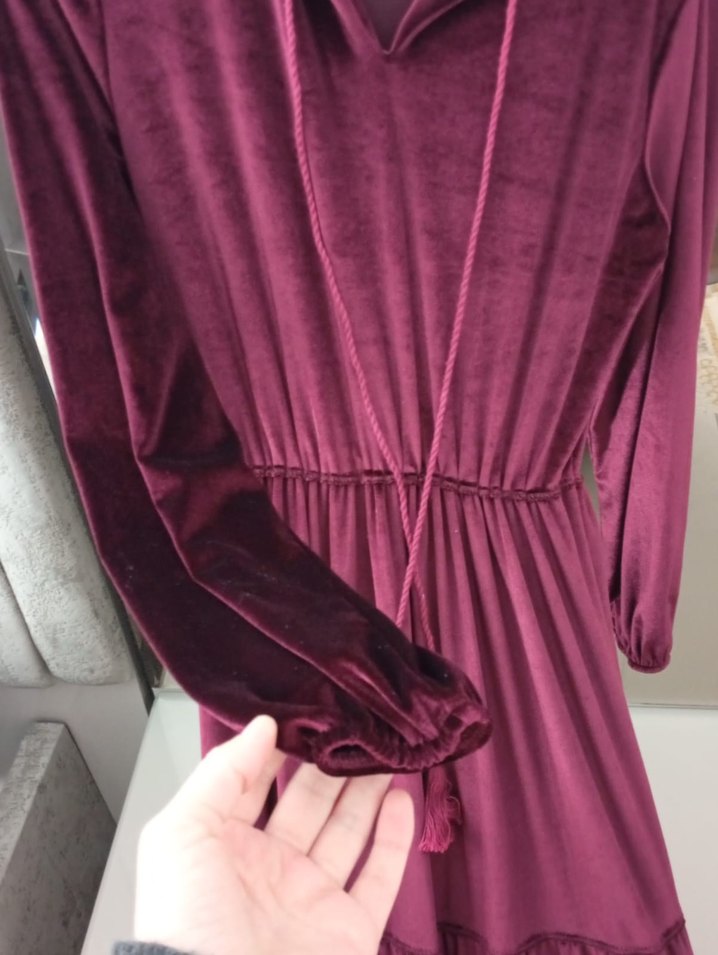 Bordo kadife Piliseli Uzun Elbise - Görsel 3