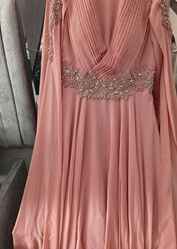 Pembe Uzun Kollu V Yaka Drapeli Abiye Elbise - Görsel 4