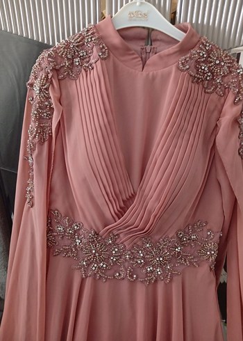 Pembe Uzun Kollu V Yaka Drapeli Abiye Elbise - Görsel 2