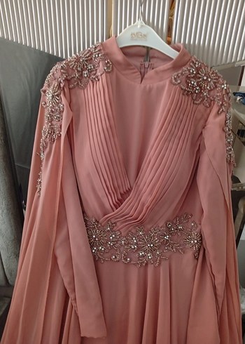 Pembe Uzun Kollu V Yaka Drapeli Abiye Elbise - Görsel 3