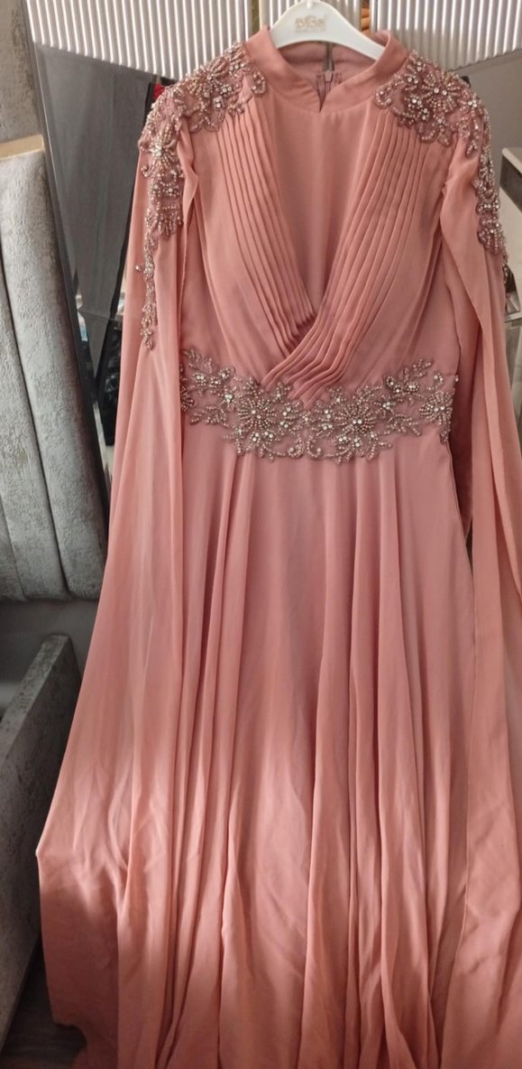 Pembe Uzun Kollu V Yaka Drapeli Abiye Elbise - Görsel 4