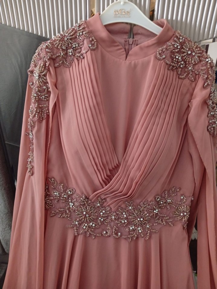 Pembe Uzun Kollu V Yaka Drapeli Abiye Elbise - Görsel 2