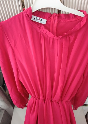 kırmızı V Yakalı Uzun Salaş şifon  kemerli Elbise - Görsel 3