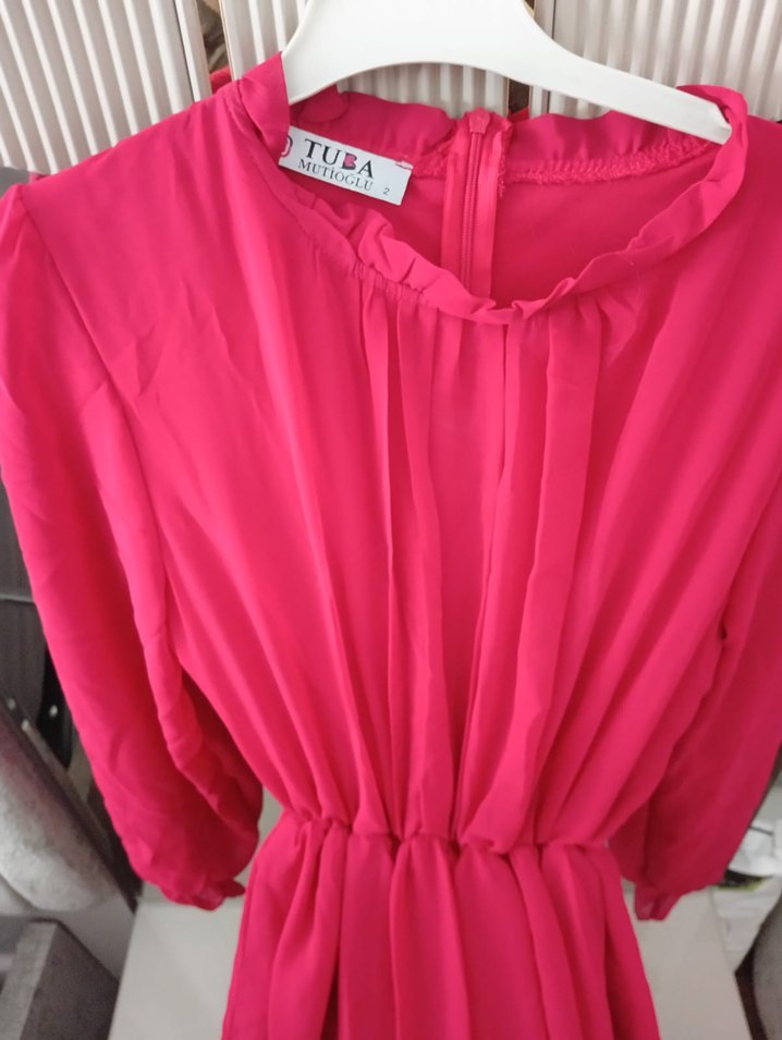 kırmızı V Yakalı Uzun Salaş şifon  kemerli Elbise - Görsel 3