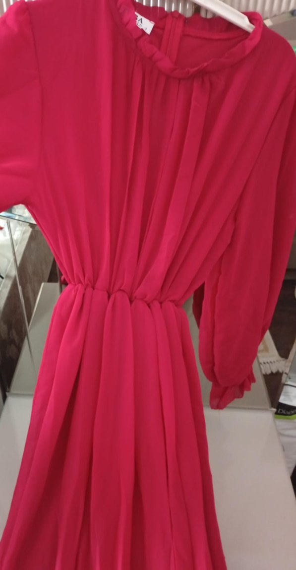 kırmızı V Yakalı Uzun Salaş şifon  kemerli Elbise - Görsel 2