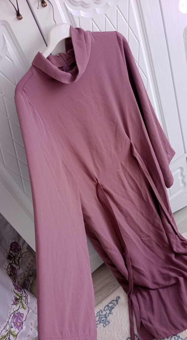 Kadın Uzun Keten Elbise gül kurusu - Görsel 3