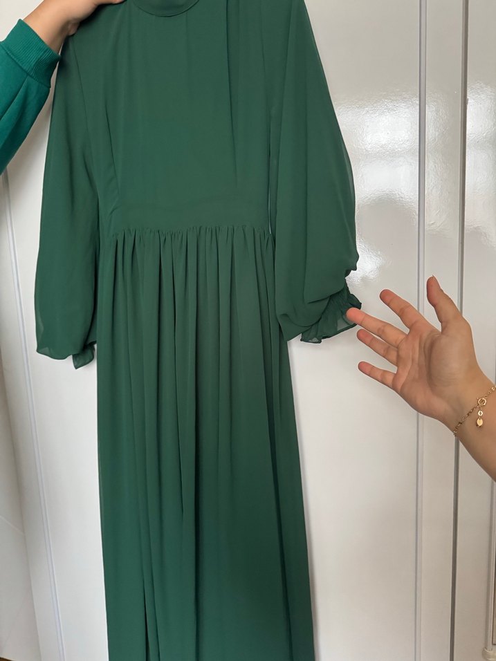 Uzun zümrüt Yeşili  Kadın Elbise - Görsel 3
