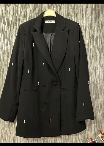 İnci detaylı Siyah Kadın Blazer Ceket - Görsel 2