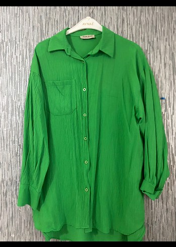 Yeşil Uzun Kollu Keten Kadın Gömlek - Görsel 2