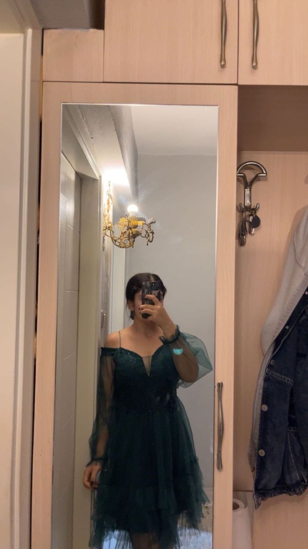 Boncuk İşlemeli Yeşil Mini Abiye Elbise - Görsel 2