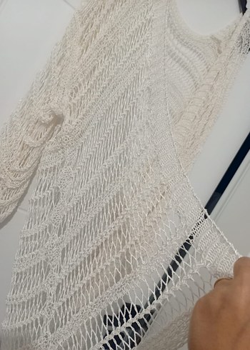 Beyaz Uzun Örgü Bohem Hırka Kadın - Görsel 3