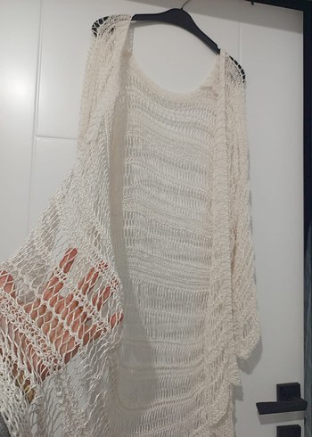 Beyaz Uzun Örgü Bohem Hırka Kadın - Görsel 4