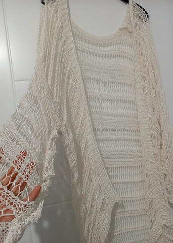 Beyaz Uzun Örgü Bohem Hırka Kadın - Görsel 2