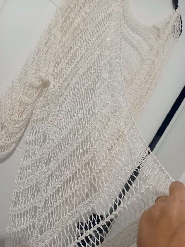 Beyaz Uzun Örgü Bohem Hırka Kadın - Görsel 3