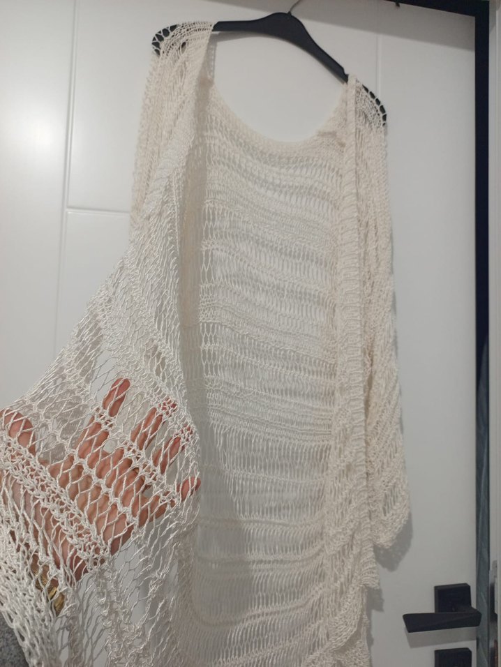 Beyaz Uzun Örgü Bohem Hırka Kadın - Görsel 4