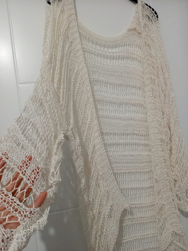 Beyaz Uzun Örgü Bohem Hırka Kadın - Görsel 2