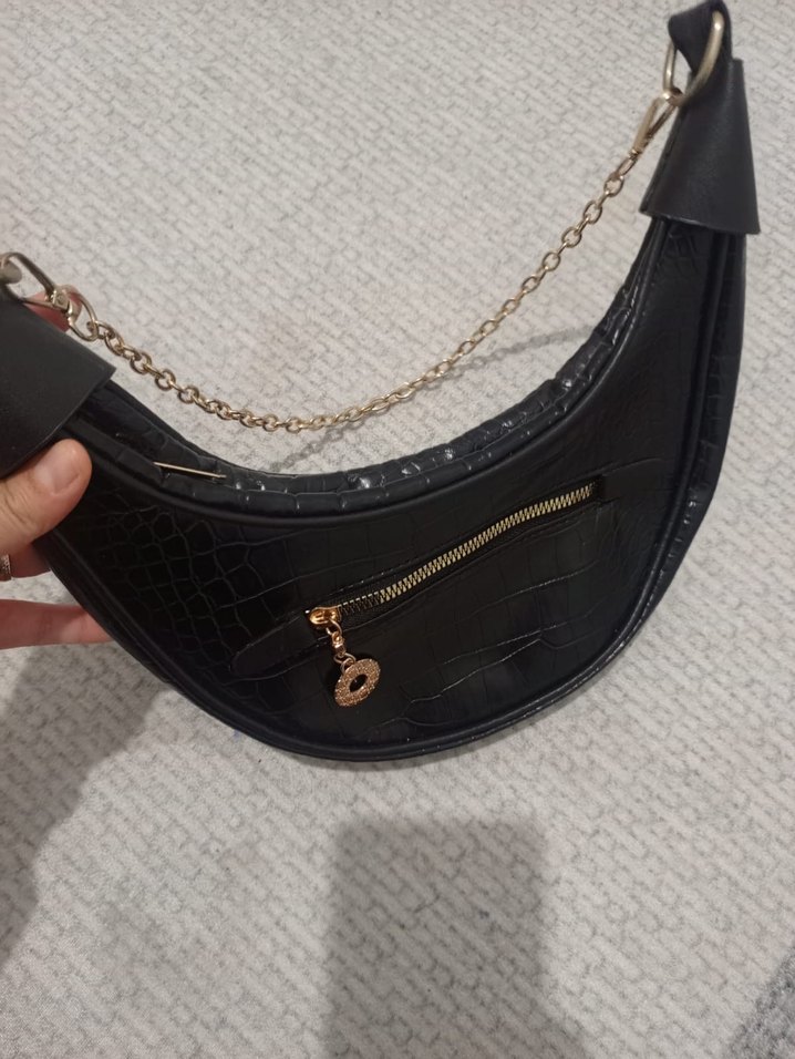 Siyah Deri Yılan Desenli Zincirli Çanta - Görsel 2