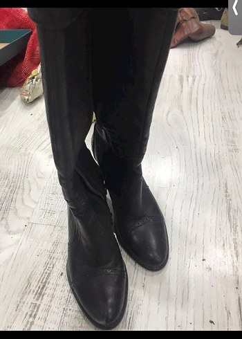 Siyah Deri Kadın Dizüstü Botlar inci deri - Görsel 2