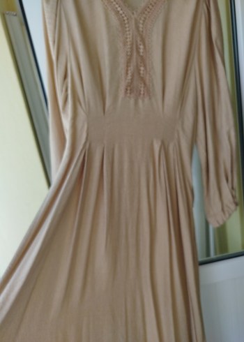 Bej Nakışlı Uzun Keten Elbise - Görsel 5