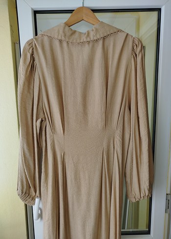 Bej Nakışlı Uzun Keten Elbise - Görsel 7