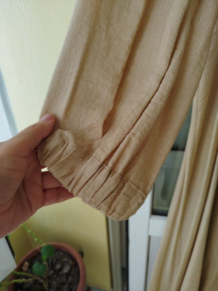 Bej Nakışlı Uzun Keten Elbise - Görsel 4