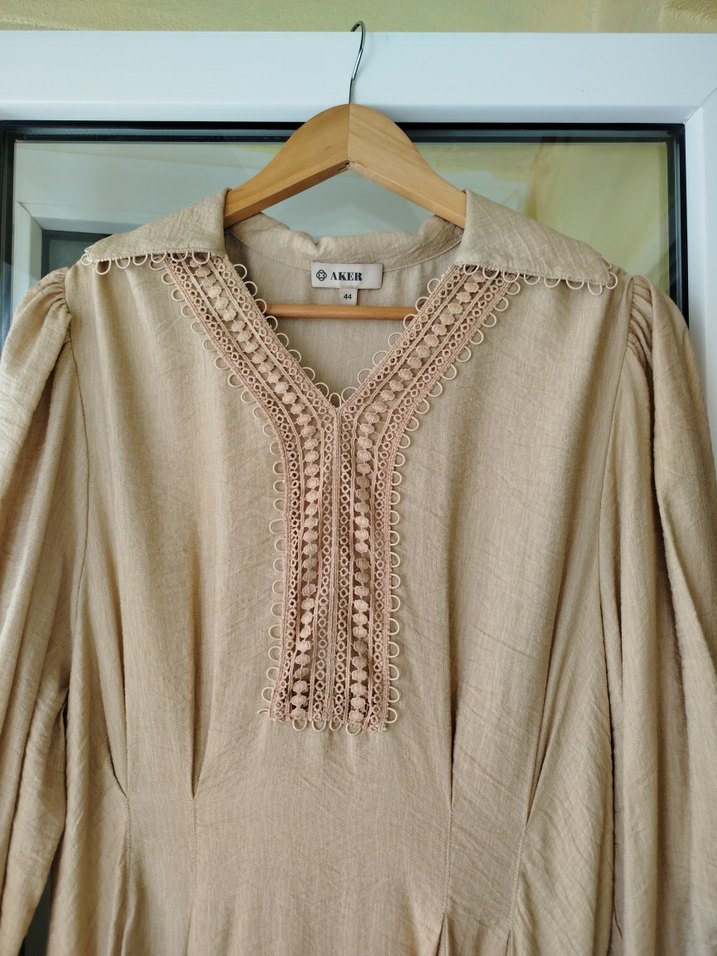 Bej Nakışlı Uzun Keten Elbise - Görsel 2