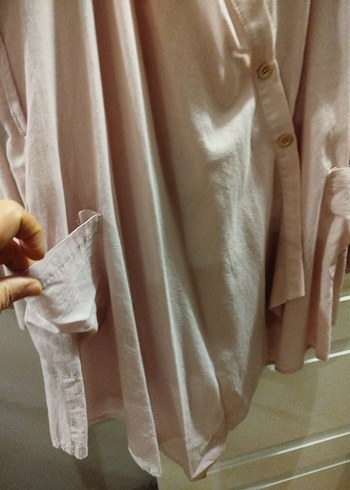 Pembe(açık lila) Dökümlü Keten Kadın Gömlek - Görsel 4