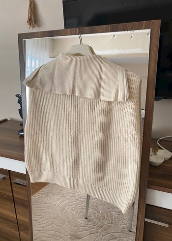 Bej Örgü Yarım Fermuarlı Yüksek Yaka Süveter - Görsel 4