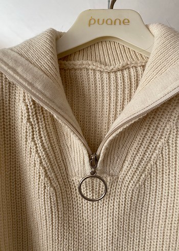 Bej Örgü Yarım Fermuarlı Yüksek Yaka Süveter - Görsel 3