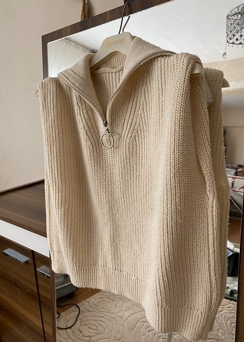 Bej Örgü Yarım Fermuarlı Yüksek Yaka Süveter - Görsel 2