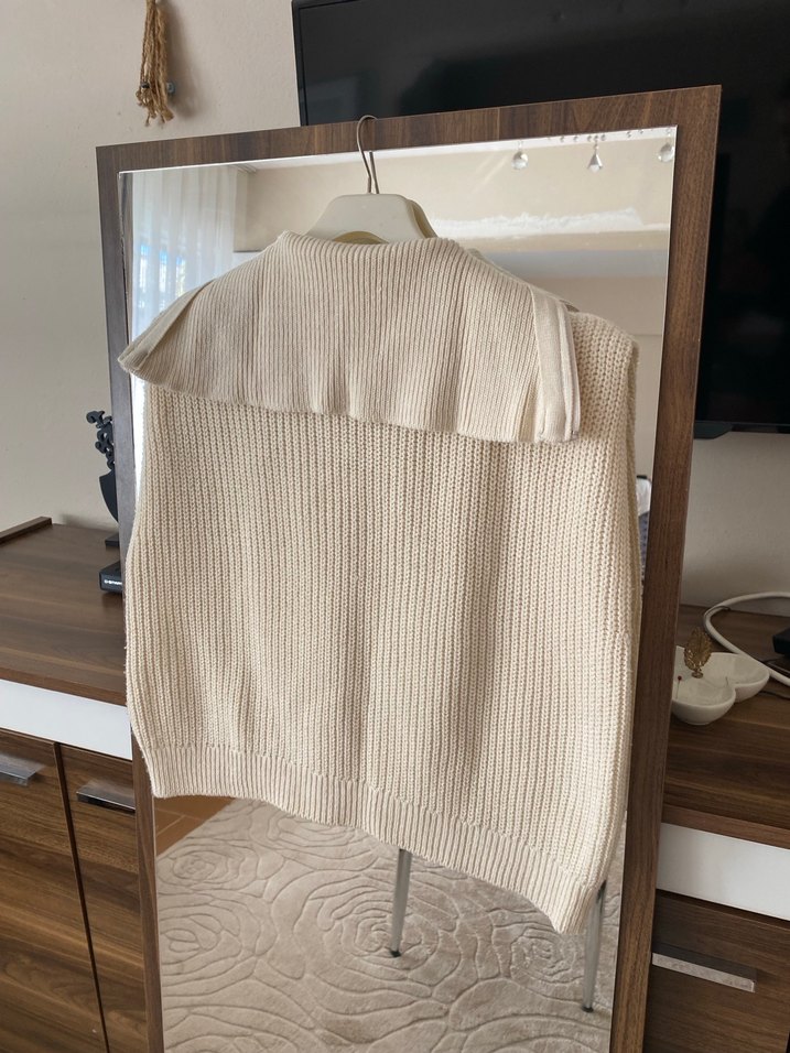 Bej Örgü Yarım Fermuarlı Yüksek Yaka Süveter - Görsel 4